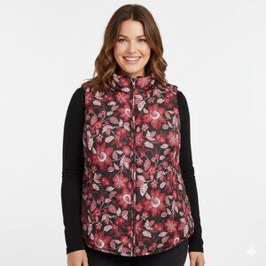 Northern Reflections Quilted Vest Lightweight Floral Red Black Full Zip Casual